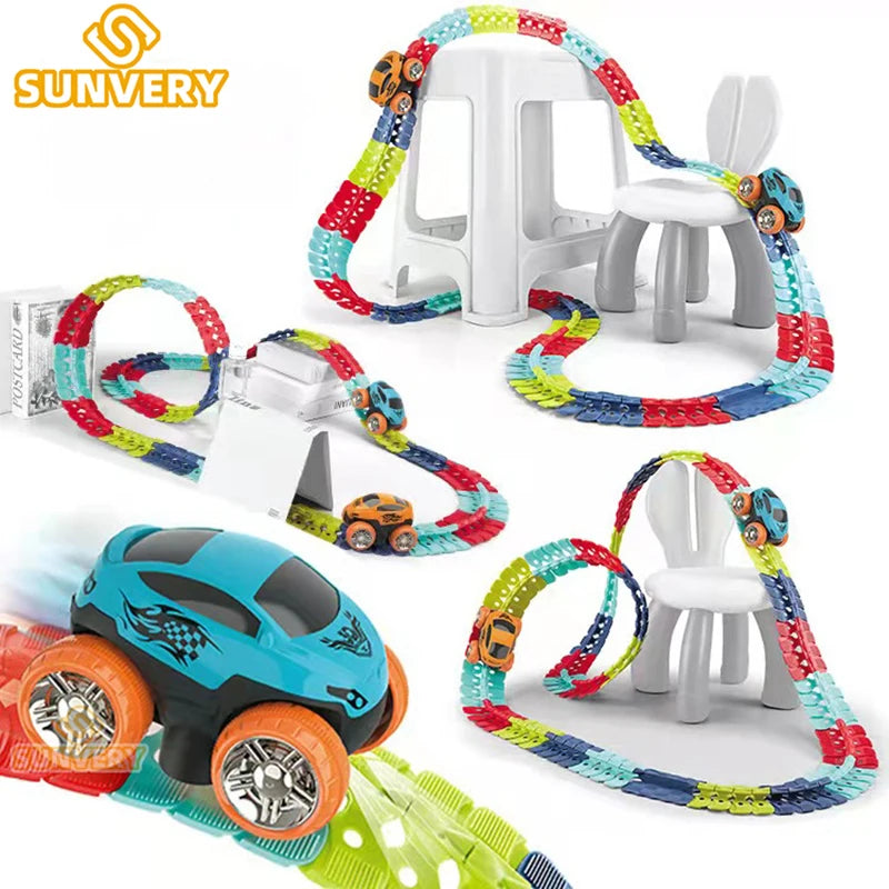 Genuine Changeable Track with LED Light-Up Race Car Racing Track Set Flexible Railway Assembled Track Birthday Gift for Kids Toy