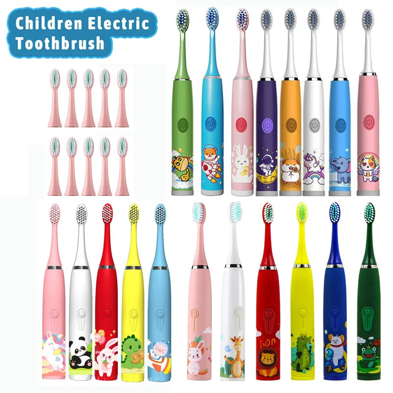 Children Clean Electric Toothbrush Cartoon Kids With Replacement Head Ultrasonic  IPX7 Waterproof Rechargeable Sonic Toothbrush