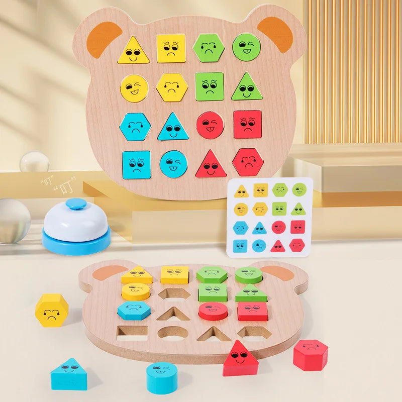 Montessori Baby Toys Wooden Face Expression Puzzle 3D Geometric Shape Color Matching Board Toy Battle Game Kids Educational Toys